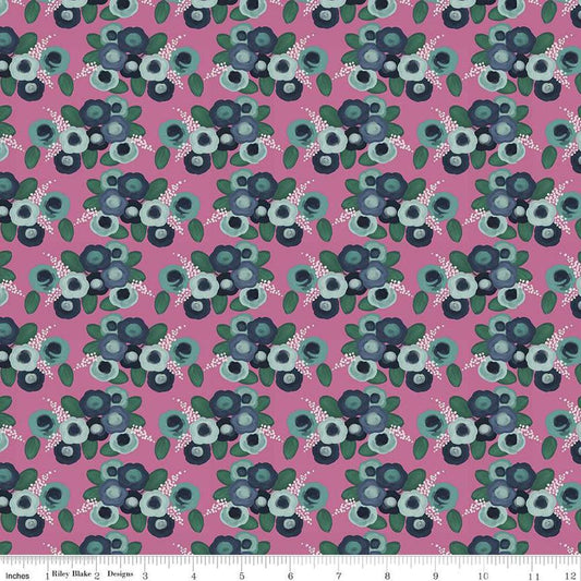 Image of the Morning Meadow Roses Orchid quilting cotton fabric. Features flowers on a pink background. Cute Little Fabric Shop