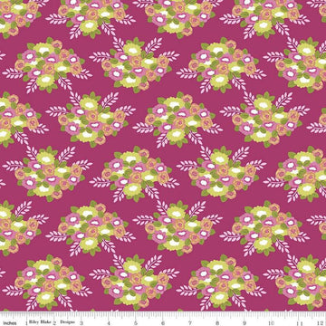 Image of the Morning Meadow Bouquets Orchid quilting cotton fabric. Features flowers on a red background. Cute Little Fabric Shop