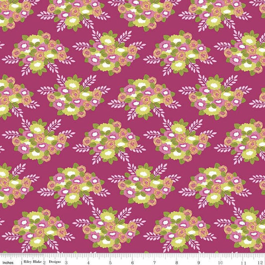 Image of the Morning Meadow Bouquets Orchid quilting cotton fabric. Features flowers on a red background. Cute Little Fabric Shop