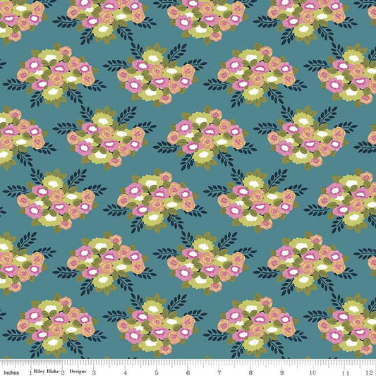 Image of the Morning Meadow Bouquets Dusk quilting cotton fabric. Features flowers on a blue background. Cute Little Fabric Shop