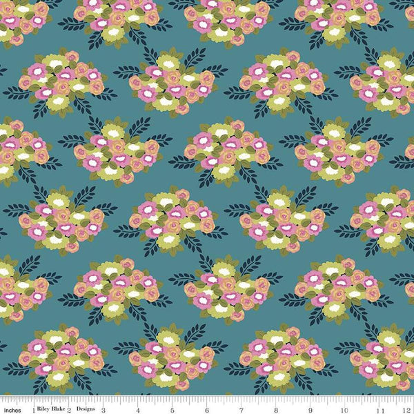Image of the Morning Meadow Bouquets Dusk quilting cotton fabric. Features flowers on a blue background. Cute Little Fabric Shop