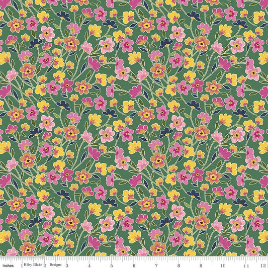 Image of the Morning Meadow Flower Field Green quilting cotton fabric. Features flowers on a green background. Cute Little Fabric Shop