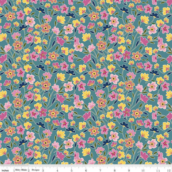 Image of the Morning Meadow Meadow Flower Field Dusk quilting cotton fabric. Features flowers on a blue background. Cute Little Fabric Shop