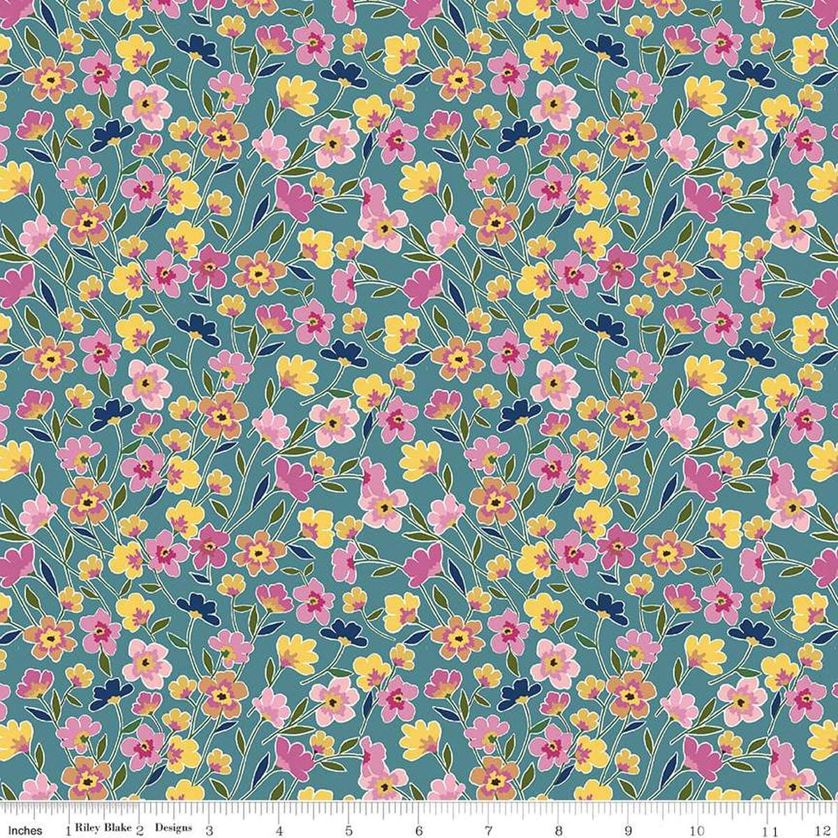 Image of the Morning Meadow Meadow Flower Field Dusk quilting cotton fabric. Features flowers on a blue background. Cute Little Fabric Shop