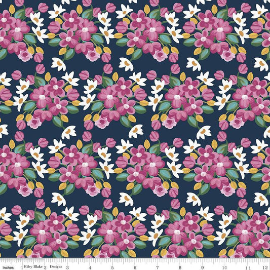 Image of the Morning Meadow Flower Bunches Night quilting cotton fabric. Features flowers on a blue background. Cute Little Fabric Shop