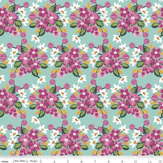 Image of the Morning Meadow Flower Bunches Julep quilting cotton fabric. Features flowers on a blue background. Cute Little Fabric Shop