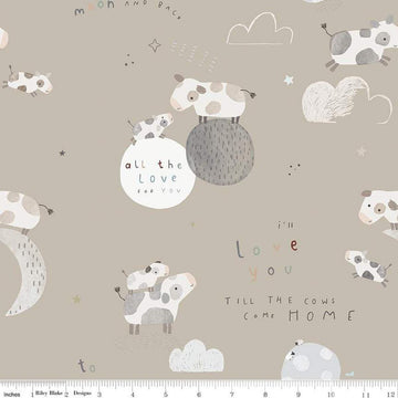 11" End of Bolt - FLANNEL Till the Cows Come Home Main F16110 Taupe - Riley Blake Designs - Cows Moons Stars Clouds - FLANNEL Cotton