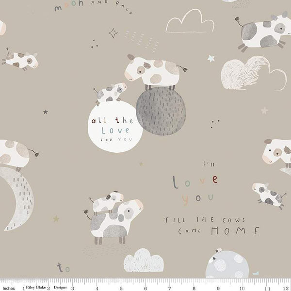 FLANNEL Till the Cows Come Home Main F16110 Taupe - Riley Blake Designs - Cows Moons Stars Clouds - FLANNEL Cotton Fabric