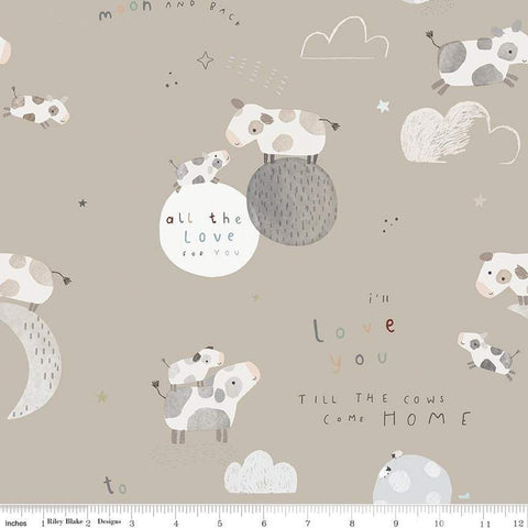 FLANNEL Till the Cows Come Home Main F16110 Taupe - Riley Blake Designs - Cows Moons Stars Clouds - FLANNEL Cotton Fabric