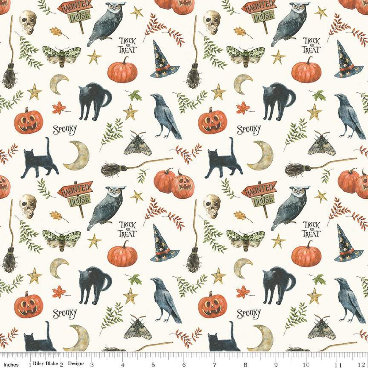 Image of the Trick or Treat Spooky Cream quilting cotton fabric by Lisa Audit for Riley Blake Designs. Features halloween icons on a cream background. Cute Little Fabric Shop