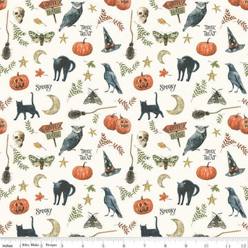 Image of the Trick or Treat Spooky Cream quilting cotton fabric by Lisa Audit for Riley Blake Designs. Features halloween icons on a cream background. Cute Little Fabric Shop