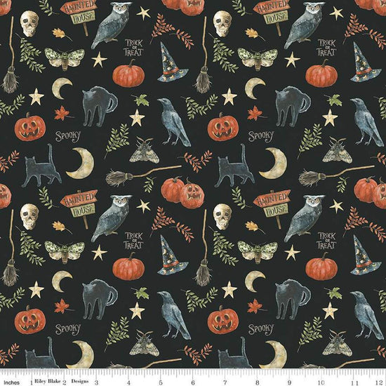 Image of the Trick or Treat Spooky Black quilting cotton fabric by Lisa Audit for Riley Blake Designs. Features halloween icons on a black background. Cute Little Fabric Shop