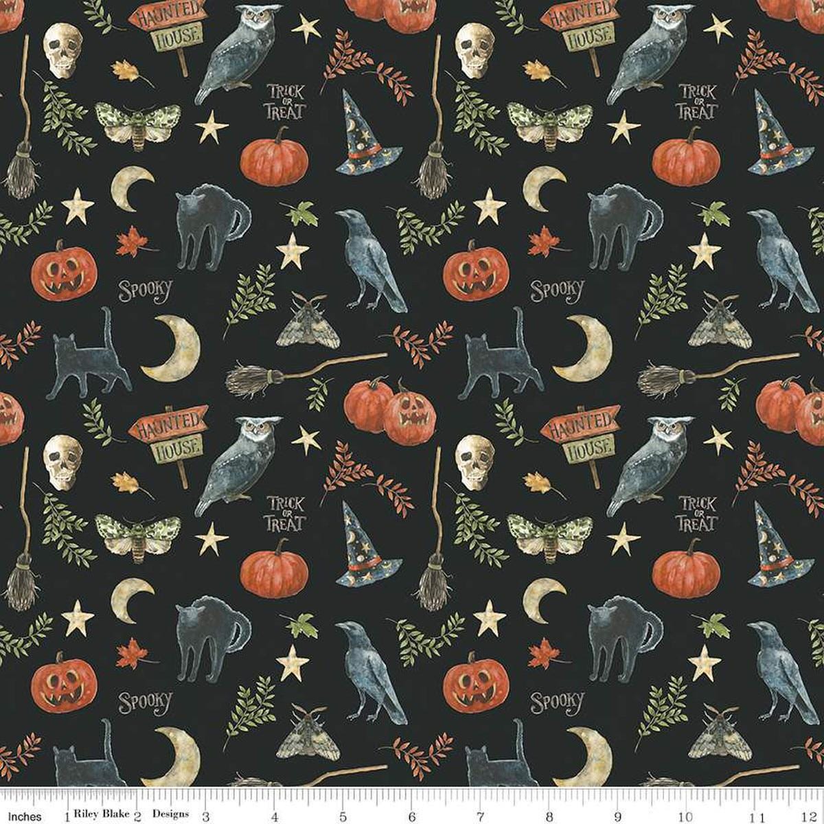 Image of the Trick or Treat Spooky Black quilting cotton fabric by Lisa Audit for Riley Blake Designs. Features halloween icons on a black background. Cute Little Fabric Shop