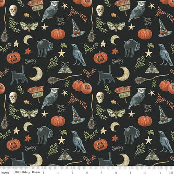 Image of the Trick or Treat Spooky Black quilting cotton fabric by Lisa Audit for Riley Blake Designs. Features halloween icons on a black background. Cute Little Fabric Shop