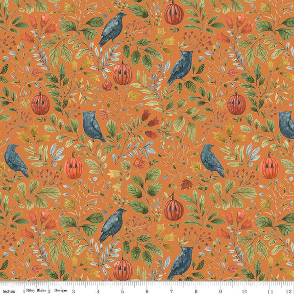 Image of the Trick or Treat Foliage Orange quilting cotton fabric by Lisa Audit for Riley Blake Designs. Features halloween icons on an orange background. Cute Little Fabric Shop