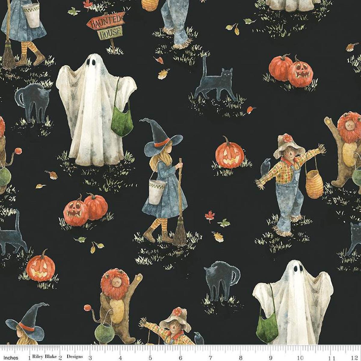 Image of the Trick or Treat Main Black quilting cotton fabric by Lisa Audit for Riley Blake Designs. Features halloween icons on a black background. Cute Little Fabric Shop