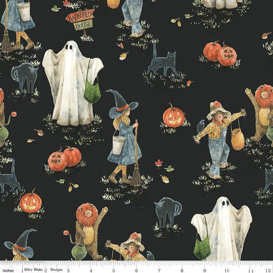 Image of the Trick or Treat Main Black quilting cotton fabric by Lisa Audit for Riley Blake Designs. Features halloween icons on a black background. Cute Little Fabric Shop