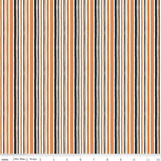 Image of the Trick or Treat Stripes Orange quilting cotton fabric by Lisa Audit for Riley Blake Designs. Features stripes on a orange background. Cute Little Fabric Shop