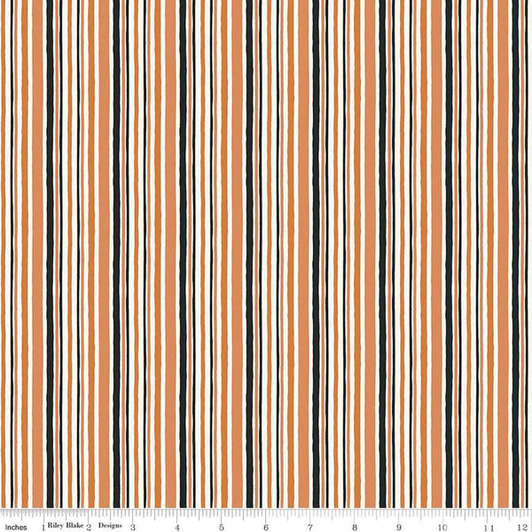 Image of the Trick or Treat Stripes Orange quilting cotton fabric by Lisa Audit for Riley Blake Designs. Features stripes on a orange background. Cute Little Fabric Shop