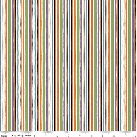 Image of the Trick or Treat Stripes Multi quilting cotton fabric by Lisa Audit for Riley Blake Designs. Features stripes on a multicolored background. Cute Little Fabric Shop