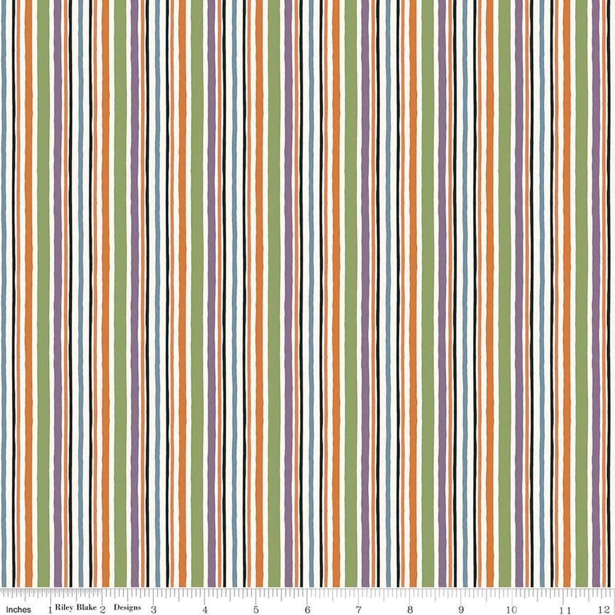 Image of the Trick or Treat Stripes Multi quilting cotton fabric by Lisa Audit for Riley Blake Designs. Features stripes on a multicolored background. Cute Little Fabric Shop