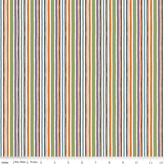 Image of the Trick or Treat Stripes Multi quilting cotton fabric by Lisa Audit for Riley Blake Designs. Features stripes on a multicolored background. Cute Little Fabric Shop