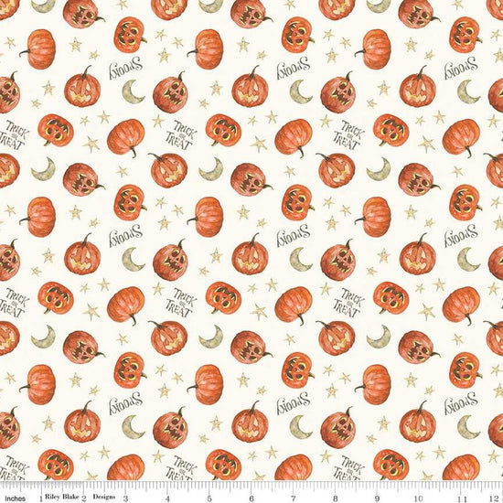 Image of the Trick or Treat Pumpkin Cream quilting cotton fabric by Lisa Audit for Riley Blake Designs. Features halloween icons on a cream background. Cute Little Fabric Shop