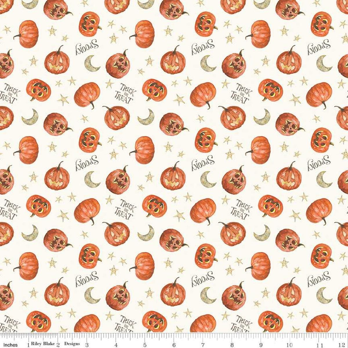 Image of the Trick or Treat Pumpkin Cream quilting cotton fabric by Lisa Audit for Riley Blake Designs. Features halloween icons on a cream background. Cute Little Fabric Shop