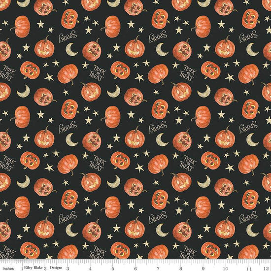 Image of the Trick or Treat Pumpkin Black quilting cotton fabric by Lisa Audit for Riley Blake Designs. Features halloween icons on a black background. Cute Little Fabric Shop