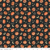 Image of the Trick or Treat Pumpkin Black quilting cotton fabric by Lisa Audit for Riley Blake Designs. Features halloween icons on a black background. Cute Little Fabric Shop