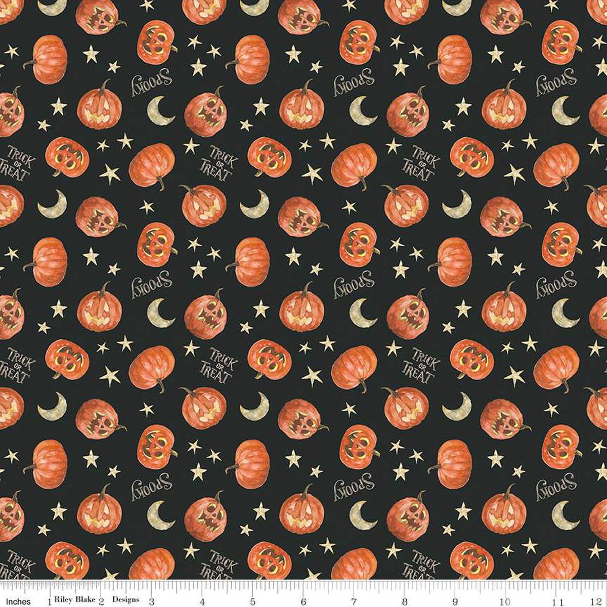 Image of the Trick or Treat Pumpkin Black quilting cotton fabric by Lisa Audit for Riley Blake Designs. Features halloween icons on a black background. Cute Little Fabric Shop