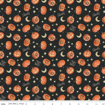 Image of the Trick or Treat Pumpkin Black quilting cotton fabric by Lisa Audit for Riley Blake Designs. Features halloween icons on a black background. Cute Little Fabric Shop