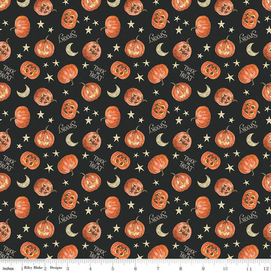 Image of the Trick or Treat Pumpkin Black quilting cotton fabric by Lisa Audit for Riley Blake Designs. Features halloween icons on a black background. Cute Little Fabric Shop