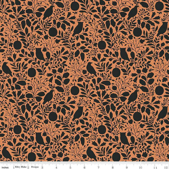 Image of the Trick or Treat Silhouette Orange quilting cotton fabric by Lisa Audit for Riley Blake Designs. Features halloween icons on an orange background. Cute Little Fabric Shop