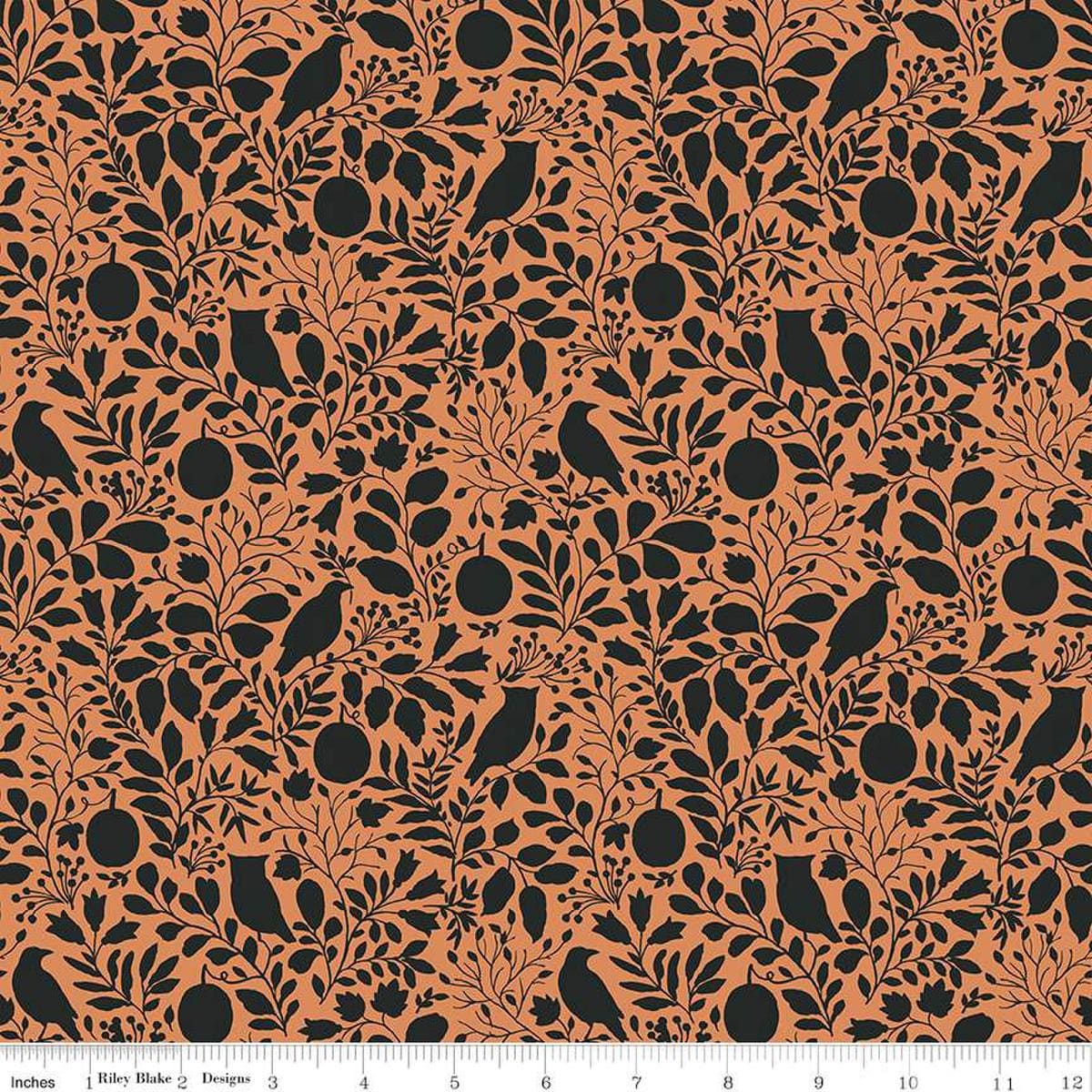 Image of the Trick or Treat Silhouette Orange quilting cotton fabric by Lisa Audit for Riley Blake Designs. Features halloween icons on an orange background. Cute Little Fabric Shop