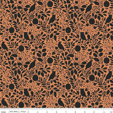 Image of the Trick or Treat Silhouette Orange quilting cotton fabric by Lisa Audit for Riley Blake Designs. Features halloween icons on an orange background. Cute Little Fabric Shop