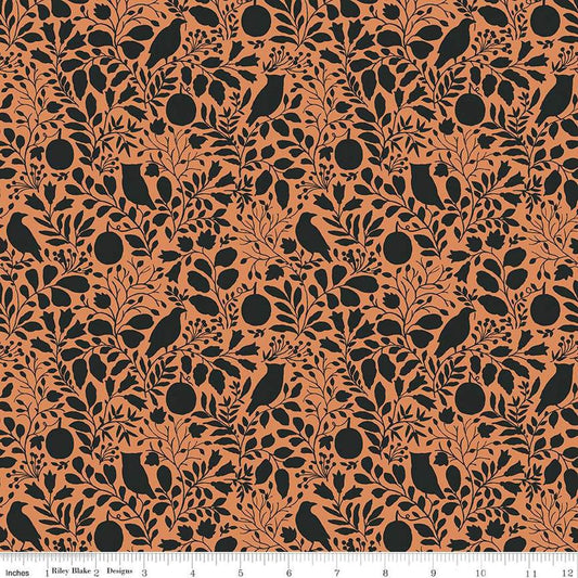 Image of the Trick or Treat Silhouette Orange quilting cotton fabric by Lisa Audit for Riley Blake Designs. Features halloween icons on an orange background. Cute Little Fabric Shop