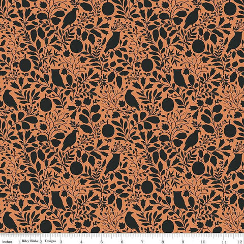 Image of the Trick or Treat Silhouette Orange quilting cotton fabric by Lisa Audit for Riley Blake Designs. Features halloween icons on an orange background. Cute Little Fabric Shop