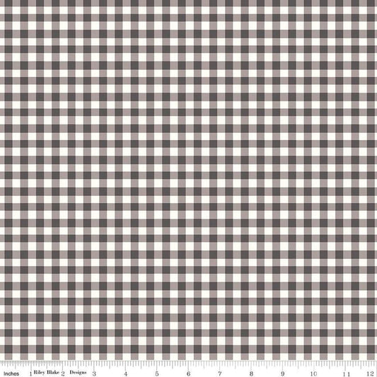 Image of the Sunsetridge Plaid Granite quilting cotton fabric by Minki Kim for Riley Blake Designs. Features plaid on a gray background. Cute Little Fabric Shop