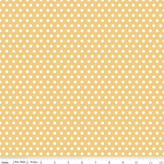 Image of the Sunsetridge Dots Honey quilting cotton fabric by Minki Kim for Riley Blake Designs. Features dots on a yellow background. Cute Little Fabric Shop
