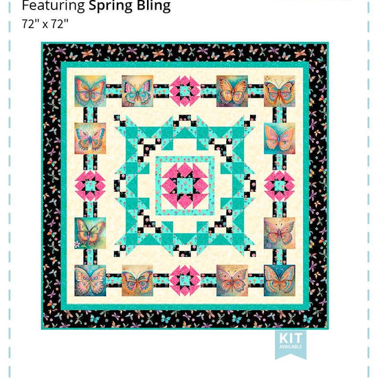 Image of the Flower Path Spring Bling quilt pattern by QT Fabrics. Features a floral butterfly geometric pattern on a quilt. Cute Little Fabric Shop