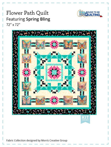 Image of the Flower Path Spring Bling quilt pattern by QT Fabrics. Features a floral butterfly geometric pattern on a quilt. Cute Little Fabric Shop