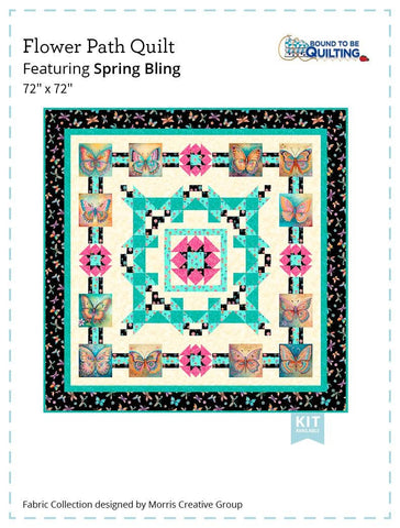 Image of the Flower Path Spring Bling quilt pattern by QT Fabrics. Features a floral butterfly geometric pattern on a quilt. Cute Little Fabric Shop