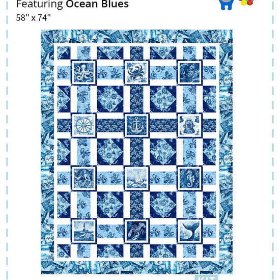 Image of the Deep Blue Sea Ocean Blues quilt pattern by QT Fabrics. Features ocean themed fabrics. Cute Little Fabric Shop