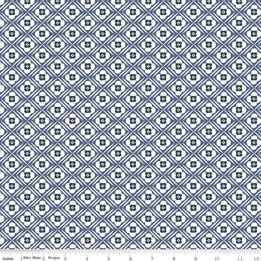 10" End of Bolt Piece - Bee Plaids Hugs C12021 Denim by Riley Blake - Diagonal Geometric Floral Flowers Blue - Lori Holt - Quilting Cotton
