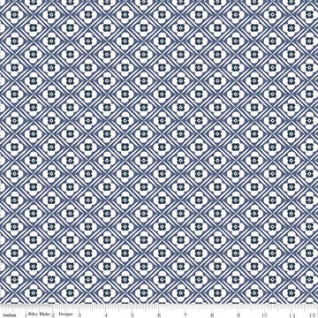 22" End of Bolt Piece - Bee Plaids Hugs C12021 Denim by Riley Blake - Diagonal Geometric Floral Flowers Blue - Lori Holt - Quilting Cotton