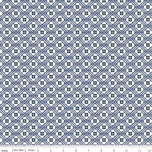 22" End of Bolt Piece - Bee Plaids Hugs C12021 Denim by Riley Blake - Diagonal Geometric Floral Flowers Blue - Lori Holt - Quilting Cotton