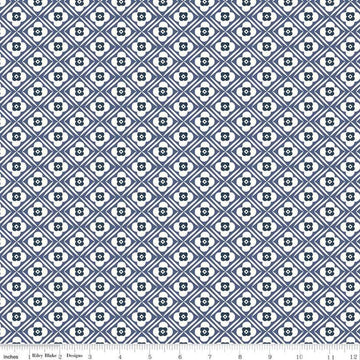 12" End of Bolt Piece - Bee Plaids Hugs C12021 Denim by Riley Blake - Diagonal Geometric Floral Flowers Blue - Lori Holt - Quilting Cotton