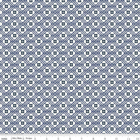 Bee Plaids Hugs C12021 Denim by Riley Blake Designs - Diagonal Geometric Floral Flowers Blue - Lori Holt - Quilting Cotton Fabric