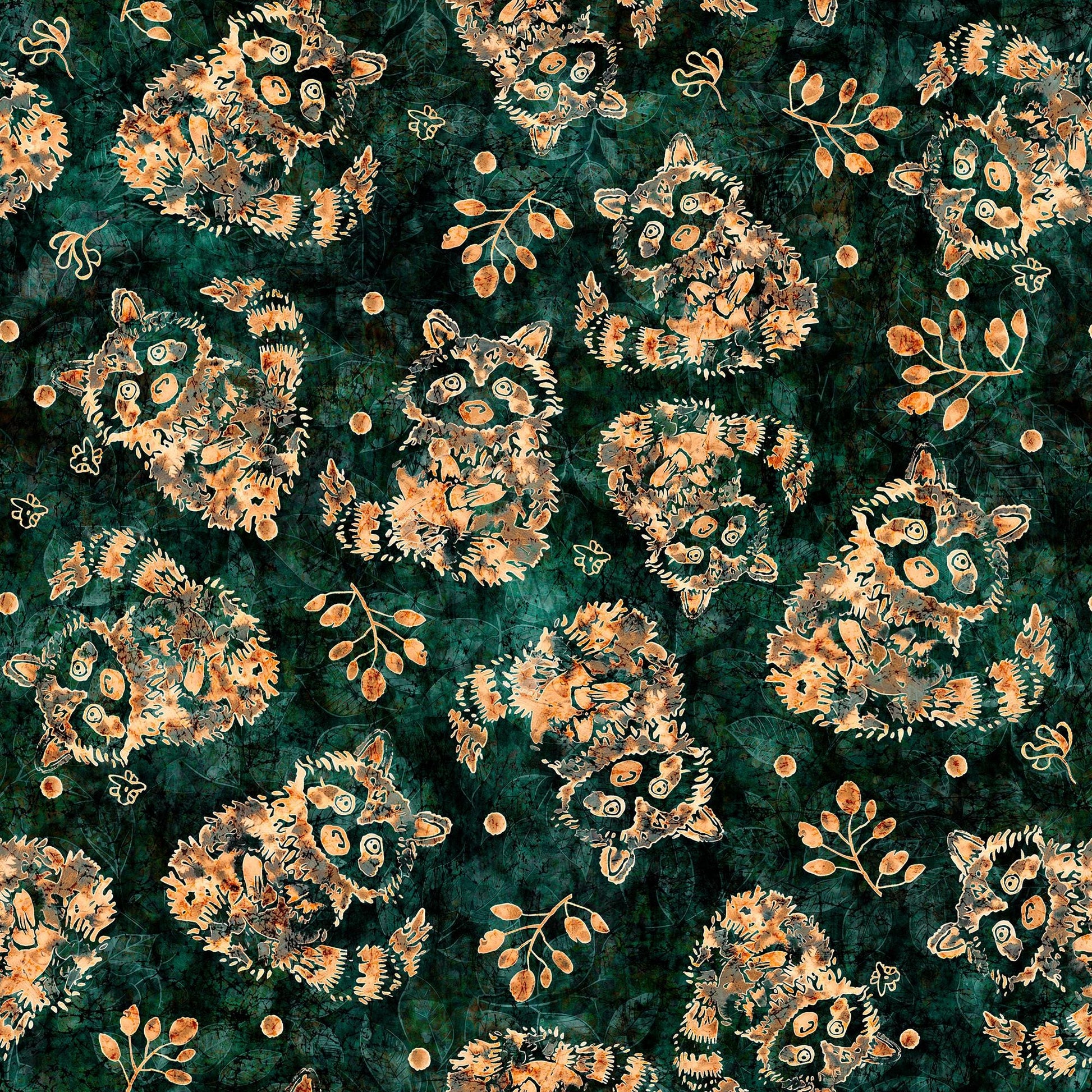 Image of the Wild Woods Raccoons Evergreen quilting cotton fabric by Morris Creative Group for QT Fabrics. Features raccoons on a green background. Cute Little Fabric Shop